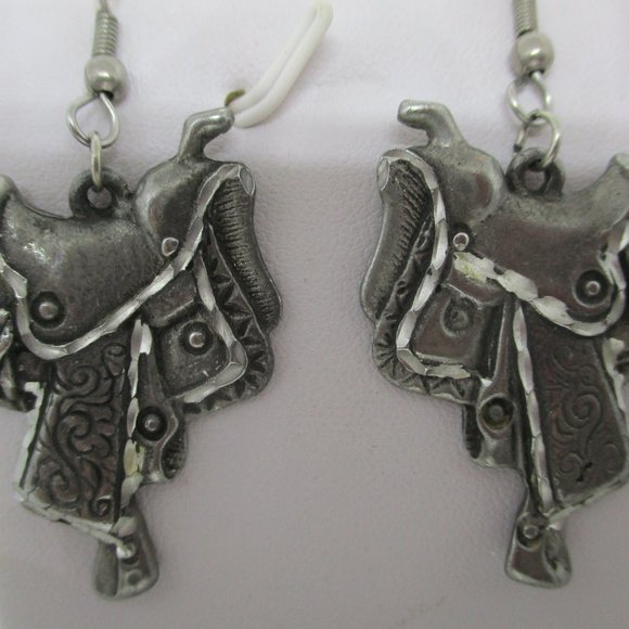 EGO C '92 Pewter Southwestern style Equestrian Saddle Earrings - Picture 3 of 7